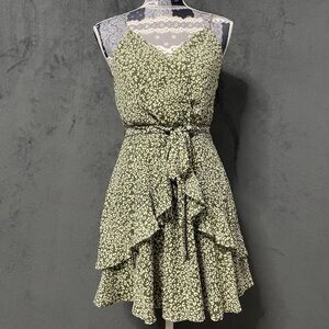 Trixxi Dress Juniors L Green Leopard Print Ruffled Fit & Flare Mini Whimsical